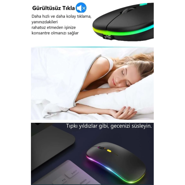 Çift Modlu Kablosuz Bluetooth Mouse Rgb Ledli Şarj Edilebilir Sessiz Tıklama Ergonomik - 5