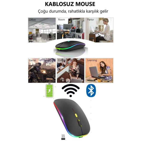 Çift Modlu Kablosuz Bluetooth Mouse Rgb Ledli Şarj Edilebilir Sessiz Tıklama Ergonomik - 6