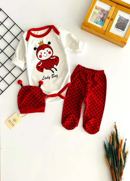 Neşeli Bebekler Uğur Böcek Baskılı Bereli Ayağı Patikli Üçlü Takım ürün görseli