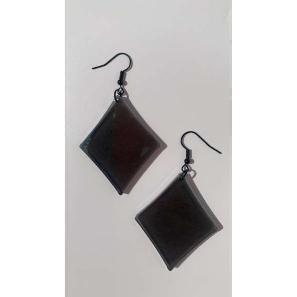 Füme Renk Simli Sedefli Siyah Aksesuar Karo Dörtgen Şekil 5 Cm Epoksi Küpe Hediyelik - 5