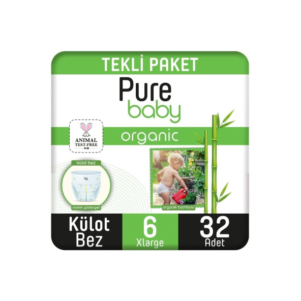 Pure Baby Organik Bambu Özlü Külot Bez Tekli Paket 6 Numara Xlarge 32 Adet