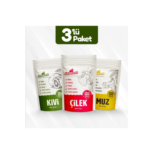 Dondurularak Kurutulmuş Meyve 3'lü Set 1 (Çilek 15g, Muz 30g, Kivi 20g)