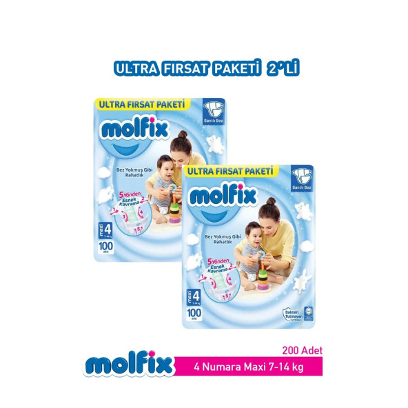 Molfix Bebek Bezi Ultra Fırsat Paketi Maxi 4 Numara 100 Adet X 2 Paket