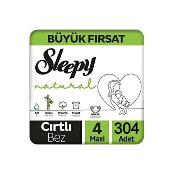 Sleepy Natural Mega Fırsat Paketi Bebek Bezi 4 Numara 7 - 14 Maxi 304 Adet Bel Bantlı Cırtlı - 2