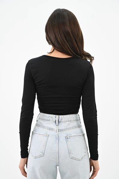 Kadın Büzgülü Uzun Kollu Croptop Bluz 1654-24 - 4