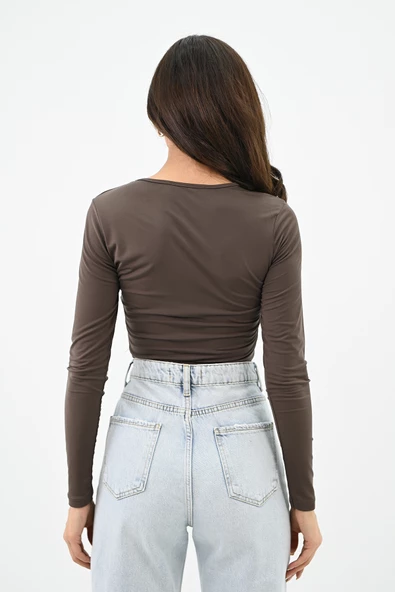 Kadın Büzgülü Uzun Kollu Croptop Bluz 1654-24 - 5