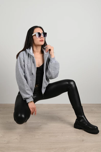 Kadın Taş Detaylı Kapüşonlu Fermuarlı Sweatshirt 1639-24 - 3