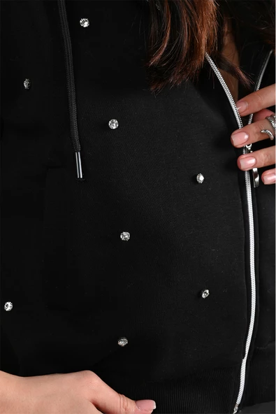 Kadın Taş Detaylı Kapüşonlu Fermuarlı Sweatshirt 1639-24 - 2