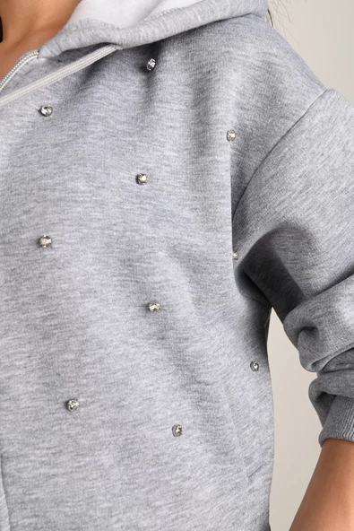Kadın Taş Detaylı Kapüşonlu Fermuarlı Sweatshirt 1639-24 - 4