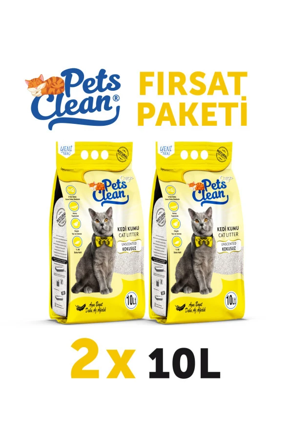 Pets Clean Kedİ Kumu Natural (Kokusuz) 10LT 2Li