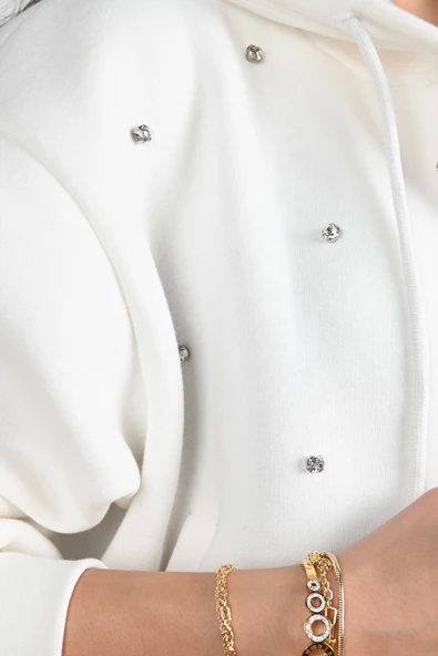 Kadın Taş Detaylı Kapüşonlu Fermuarlı Sweatshirt 1639-24 - 6