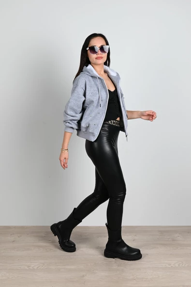 Kadın Taş Detaylı Kapüşonlu Fermuarlı Sweatshirt 1639-24 - 8