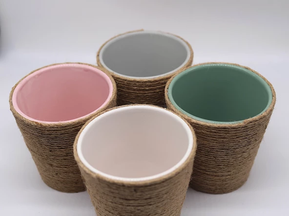 Tardan Seramik Üzeri Jüt İp Hasır İp Kaplama Saksı - 1 Adet - 9