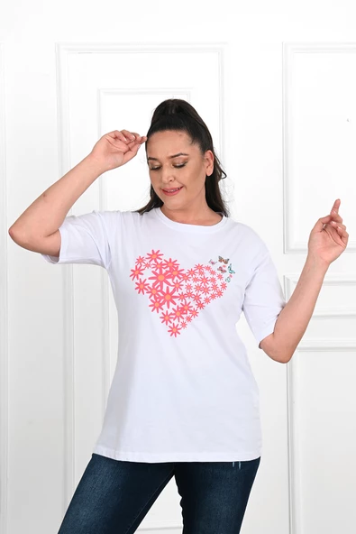 Kadın Büyük Beden Kalp şeklinde Papatya Baskılı T-Shirt 1575-23 - 11