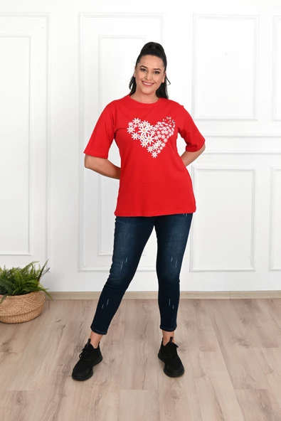 Kadın Büyük Beden Kalp şeklinde Papatya Baskılı T-Shirt 1575-23 - 6