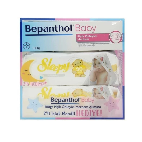 Bepanthol Baby Pişik Önleyici Merhem 100 Gr + 2 Paket Sleepy Sensitive 90'lı Islak Havlu