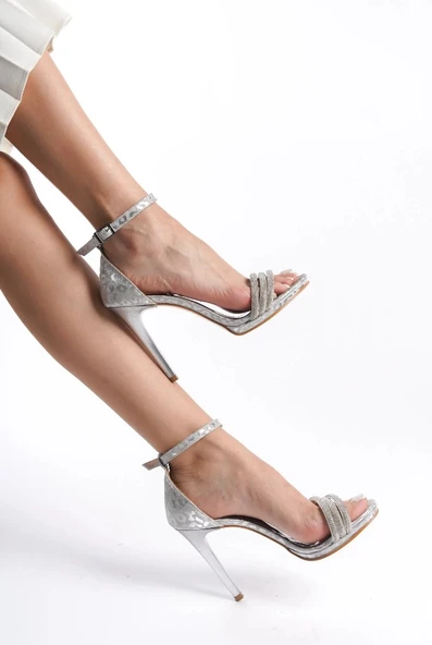 Feles Üç Şerit Taş Detaylı Tek Bant Platform 11 cm İnce Topuklu Kadın Ayakkabı - Resim 3