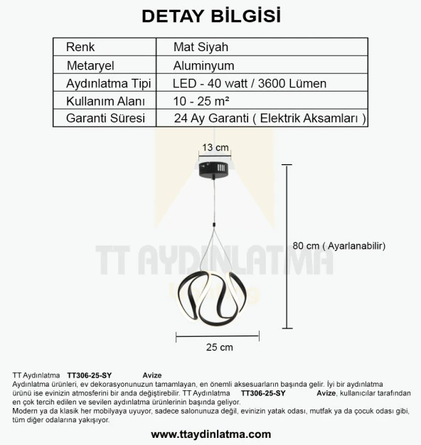 TT Aydınlatma TT306-25-SY  Orta Kavis Mat Siyah Ledli Avize - Resim 4