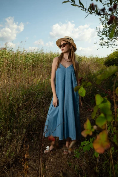 Kadın İnce Askılı Jean Elbise - 3