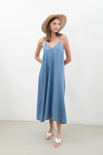 Kadın İnce Askılı Jean Elbise - 7