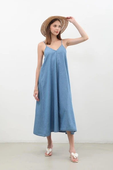 Kadın İnce Askılı Jean Elbise - 5