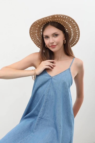 Kadın İnce Askılı Jean Elbise - 4