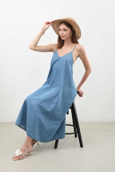 Kadın İnce Askılı Jean Elbise - 2