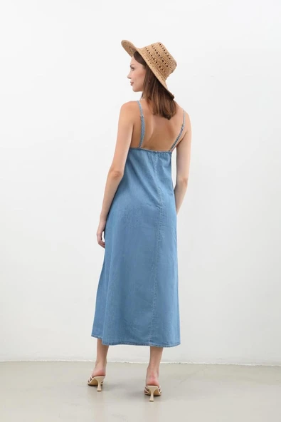 Kadın İnce Askılı Jean Elbise - 6