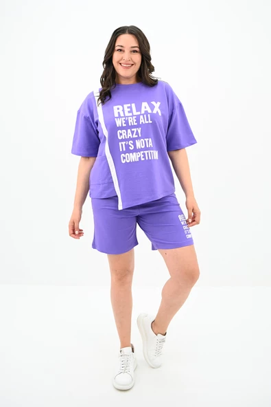 Kadın Yazı Baskılı Büyük Beden Şortlu Takım 3796-23 - 7