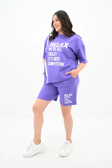 Kadın Yazı Baskılı Büyük Beden Şortlu Takım 3796-23 - 8