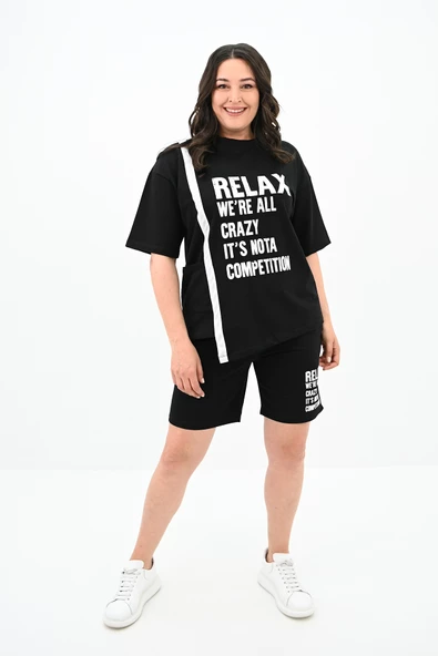 Kadın Yazı Baskılı Büyük Beden Şortlu Takım 3796-23 - 2