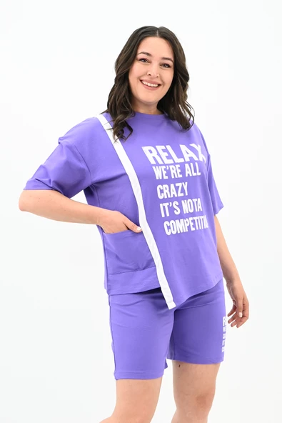 Kadın Yazı Baskılı Büyük Beden Şortlu Takım 3796-23 - 9