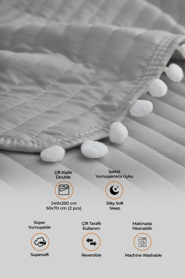Evlen Home Ponponlu Çift Kişilik %100 Pamuk Yatak Örtüsü ( Pike ) Takımı Gri - 2