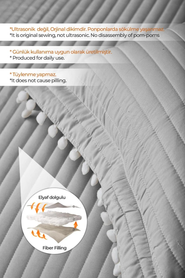 Evlen Home Ponponlu Çift Kişilik %100 Pamuk Yatak Örtüsü ( Pike ) Takımı Gri - 3
