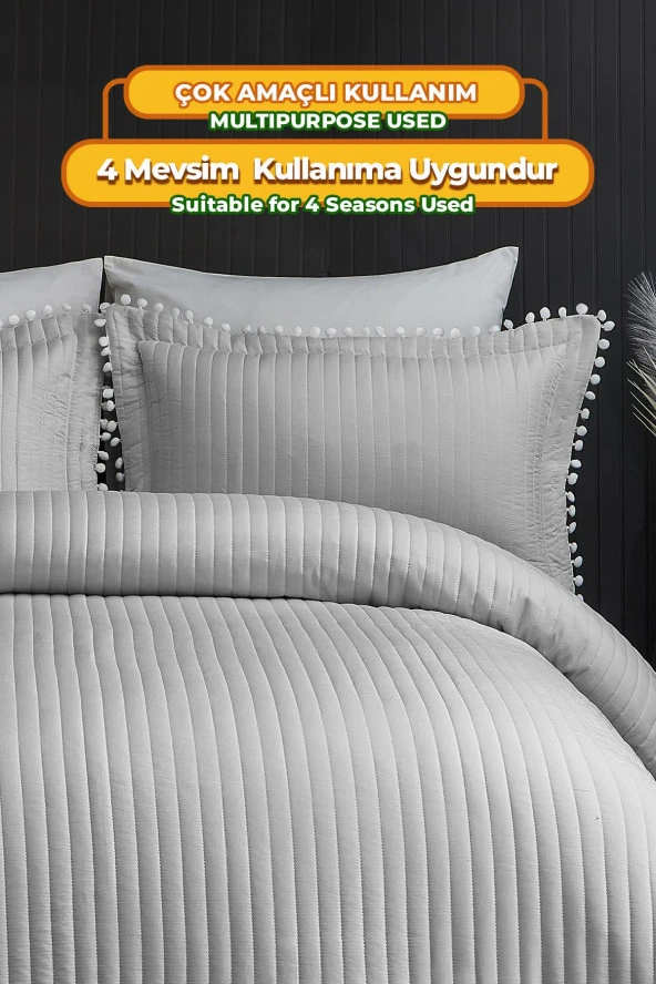 Evlen Home Ponponlu Çift Kişilik %100 Pamuk Yatak Örtüsü ( Pike ) Takımı Gri - 4