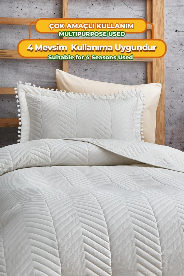 Ponponlu %100 Pamuk Tek Kişilik Günlük Yatak Örtüsü ( Pike ) Takımı Seti Krem / Kırık Beyaz - 4