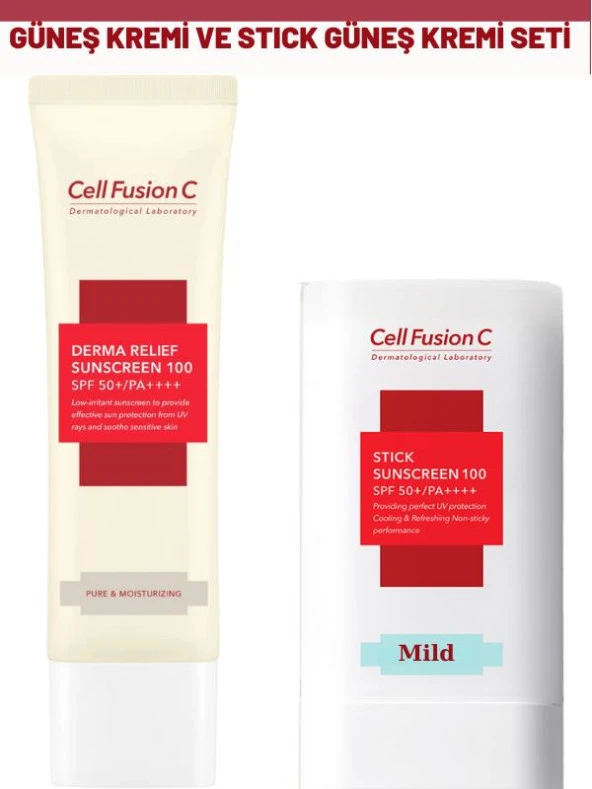 Cell Fusion C Derma Relief 100 Spf 50 /pa Çocuklar Ve Yetişkinler Için Güneş Kremi ve Aquatıca Stick Güneş Kremi 19 G