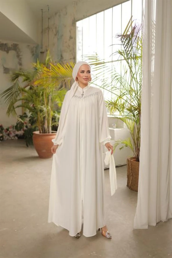 Robalı boncuklu Ferace BEYAZ - 3