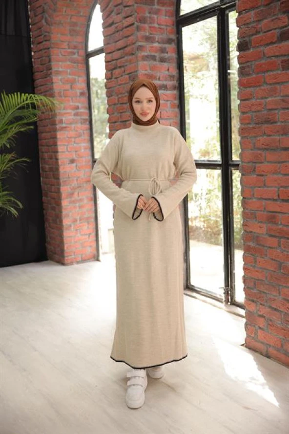 TESETTÜR REGLAN KOLLU  KEMERLİ TRİKO ELBİSE BEJ - 5