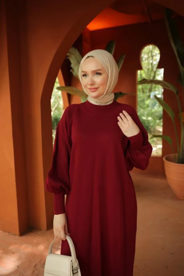 Reglan Kol Rahat Kalıp Triko Elbise BORDO - 3