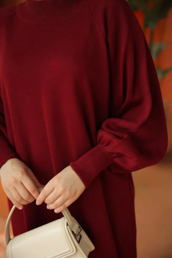 Reglan Kol Rahat Kalıp Triko Elbise BORDO - 4
