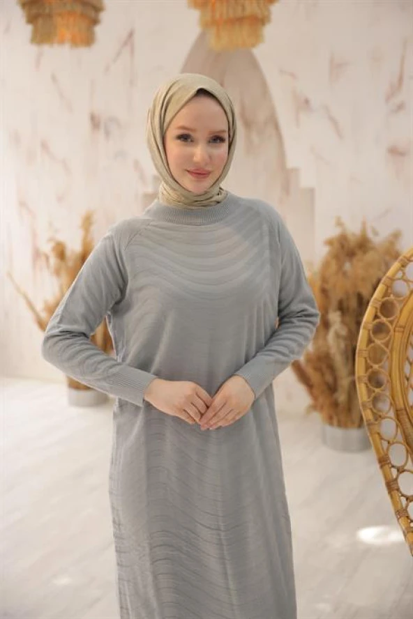 Oversize Triko Elbise GRİ - 3