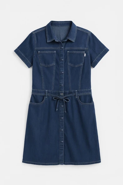 Kadın Kemer Detaylı Düğmeli Kısa Jean Elbise - 2