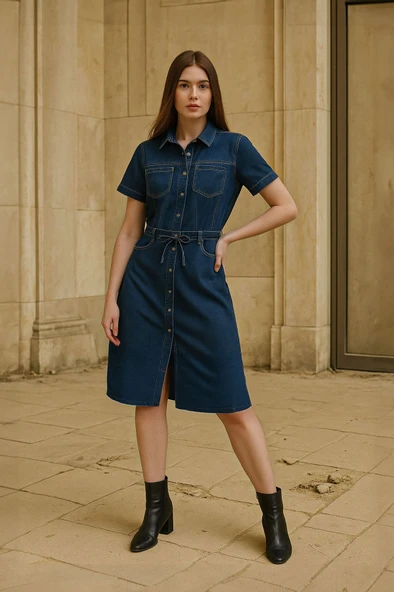 Kadın Kemer Detaylı Düğmeli Kısa Jean Elbise