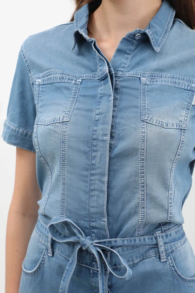 Kadın Kemer Detaylı Düğmeli Kısa Jean Elbise - 11