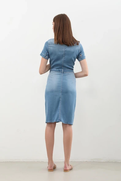 Kadın Kemer Detaylı Düğmeli Kısa Jean Elbise - 10
