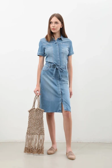 Kadın Kemer Detaylı Düğmeli Kısa Jean Elbise - 5