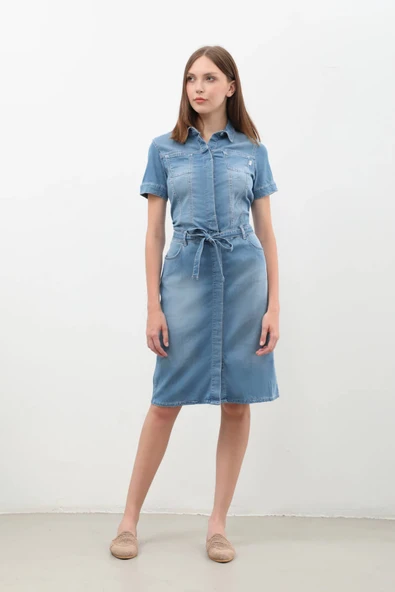 Kadın Kemer Detaylı Düğmeli Kısa Jean Elbise - 9