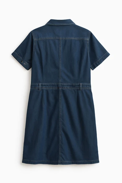 Kadın Kemer Detaylı Düğmeli Kısa Jean Elbise - 3