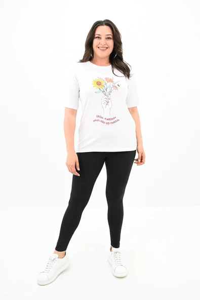 Kadın Büyük Beden Çiçek Tutan El Baskılı T-Shirt 1574-23 - 8